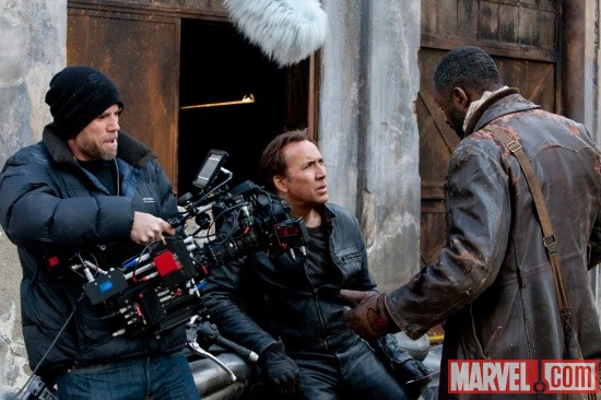 Director Brian Taylor, Nicolas Cage and Idris Elba on set of Ghost Rider: Spirit of Vengeance
