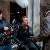 Director Brian Taylor, Nicolas Cage and Idris Elba on set of Ghost Rider: Spirit of Vengeance