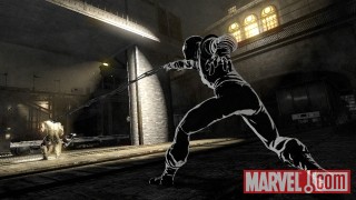 A screenshot of Spider-Man Noir from Spider-Man: Shattered Dimensions
