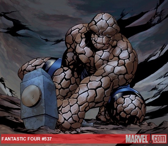 The Thing tries to lift Mjolnir