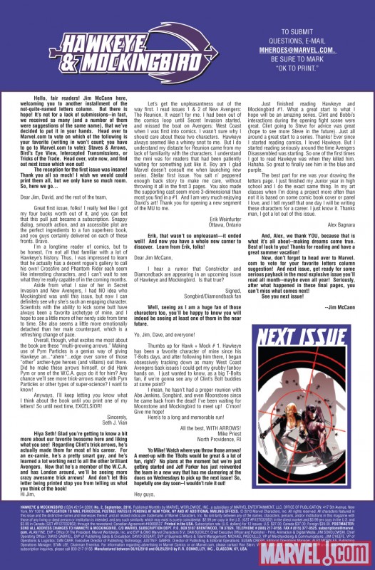 HAWKEYE & MOCKINGBIRD #2 letters page