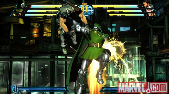 Screenshot of Doctor Doom and Chris Redfield from ''Marvel vs. Capcom 3''