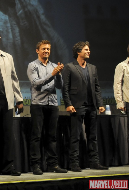 Jeremy Renner (Hawkeye) and Mark Ruffalo (Bruce Banner) on stage at Comic-Con 2010