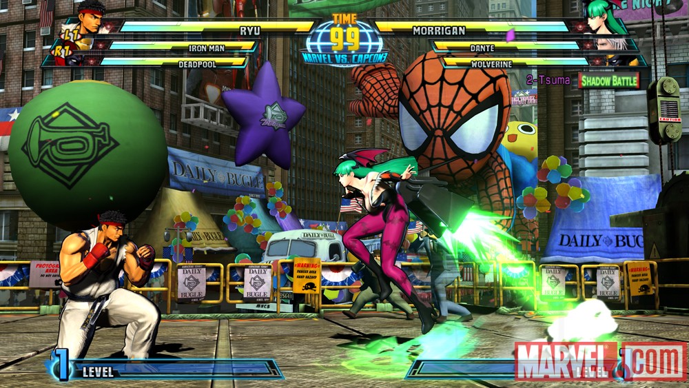 Screenshot of Ryu vs. Morrigan in Shadow Mode in Marvel vs. Capcom 3