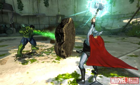 Screenshot of Hulk vs. Thor in Marvel Avengers: Battle for Earth
