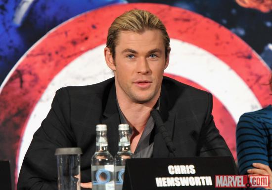 Chris Hemsworth at the press conference at the London premiere of "Marvel's The Avengers"