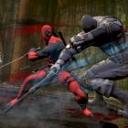 Deadpool slicing through some poor bad guy in his video game