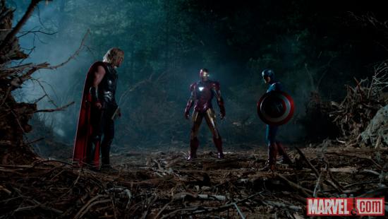 Chris Hemsworth, Robert Downey, Jr., and Chris Evans star as Thor, Iron Man and Captain America in Marvel's The Avengers