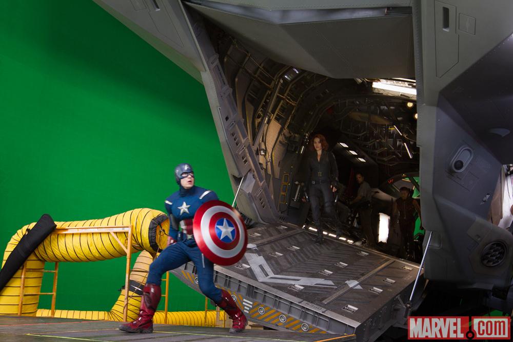 Chris Evans (Captain America), Scarlett Johansson (Black Widow) and Jeremy Renner (Hawkeye) on the set of Marvel's The Avengers