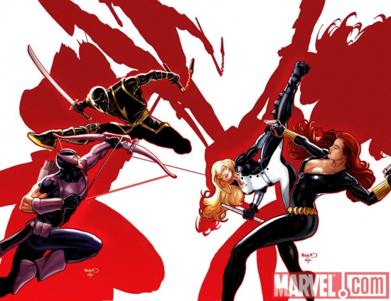 HAWKEYE & MOCKINGBIRD #7 and BLACK WIDOW #9 linked covers by Paul Renaud
