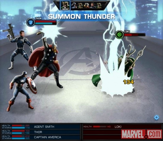 Captain America and Thor vs. Loki screen shot from Marvel: Avengers Alliance