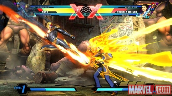 Screenshot of Nova vs. Phoenix Wright in Ultimate Marvel vs. Capcom 3