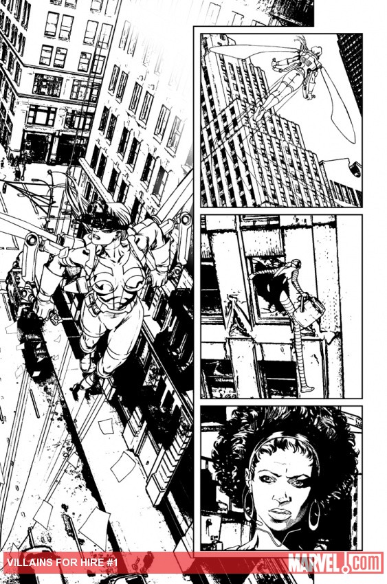 Villains for Hire #1 black and white preview art by Renato Arlem