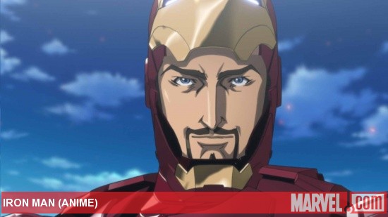 Tony Stark smiles for his closeup in the Iron Man anime