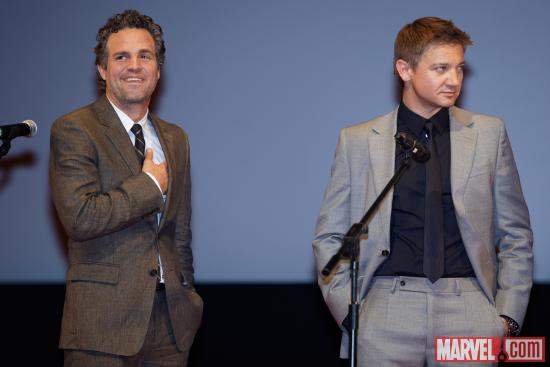Mark Ruffalo and Jeremy Renner at the Moscow premiere of Marvel's The Avengers