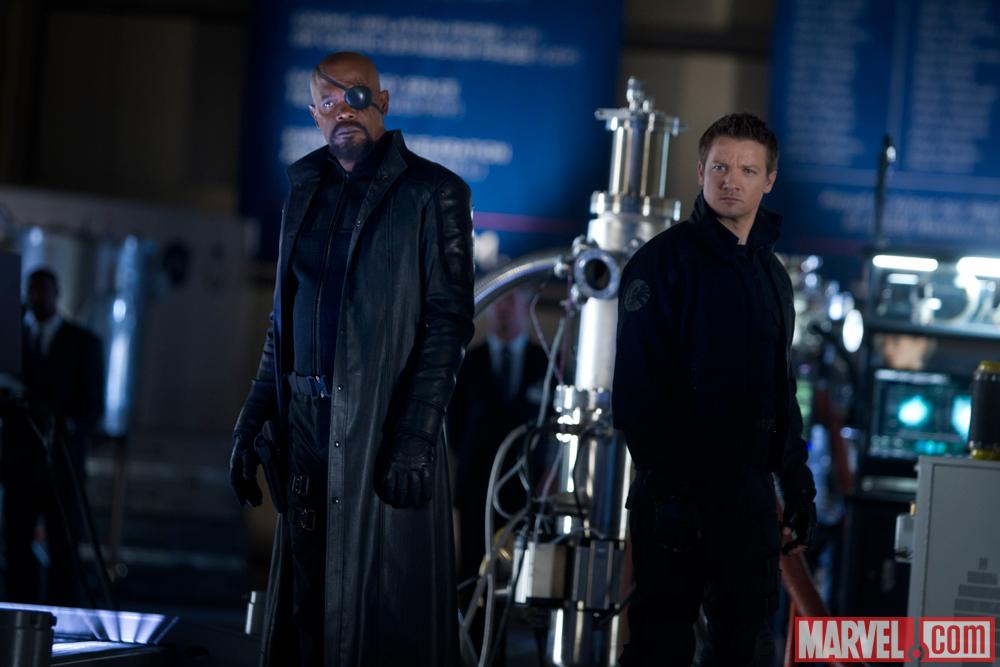 Samuel L. Jackson and Jeremy Renner star as Nick Fury and Hawkeye in Marvel's The Avengers