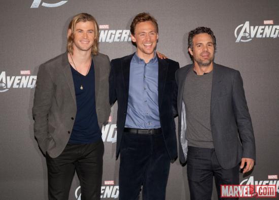Chris Hemsworth (Thor), Tom Hiddleston (Loki) and Mark Ruffalo (Hulk) at the premiere of Marvel's The Avengers in Berlin