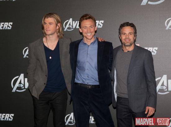 Chris Hemsworth (Thor), Tom Hiddleston (Loki) and Mark Ruffalo (Hulk) at the premiere of Marvel's The Avengers in Berlin