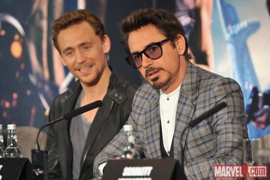 Robert Downey, Jr. and Tom Hiddleston at the London press conference for "Marvel's The Avengers"