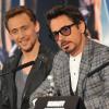 Robert Downey, Jr. and Tom Hiddleston at the London press conference for "Marvel's The Avengers"