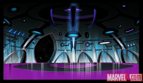 The Damocles' landing bay from The Avengers: Earth's Mightiest Heroes!