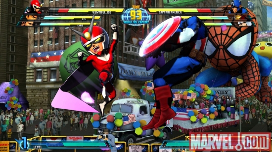 Screenshot of Viewtiful Joe and Captain America from Marvel vs. Capcom 3