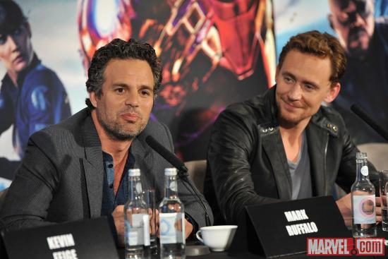 Mark Ruffalo and Tom Hiddleston at the London press conference for "Marvel's The Avengers"