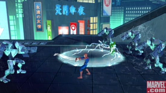 Spider-Man and the Green Goblin unleash attacks on some hostile robots.