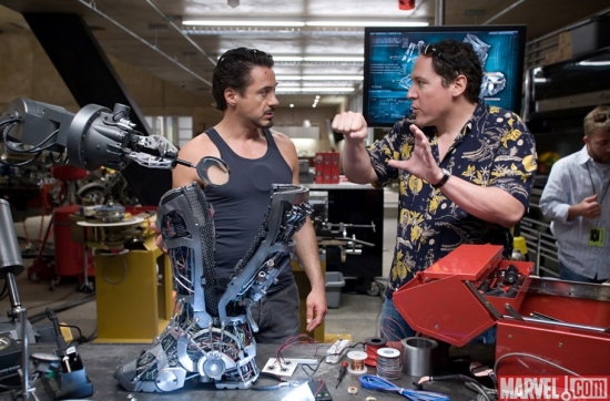 Robert Downey Jr. and Jon Favreau on the set of "Iron Man"
