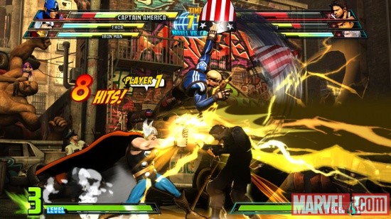 Screenshot of Captain America and Thor vs. Chris from Marvel vs. Capcom 3