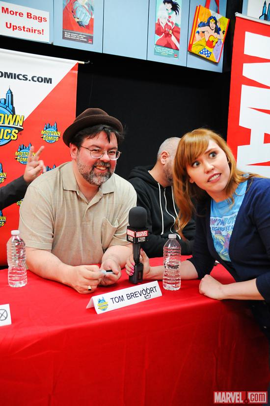 The Watcher's Lorraine Cink and Tom Brevoort at Avengers Vs X-Men Release Party at Midtown Comics