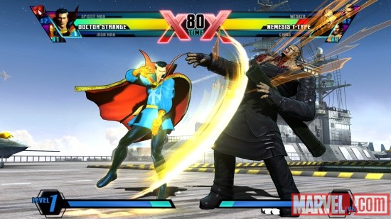 Screenshot of Doctor Strange vs. Nemesis from Ultimate Marvel vs. Capcom 3