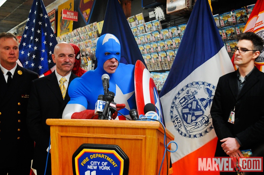 Captain America speaking to the students of PS 51 about fire safety