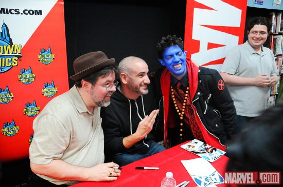 Tom Brevoort, Axel Alonso and Nightcrawler Cosplayer at Avengers Vs X-Men Release Party at Midtown Comics