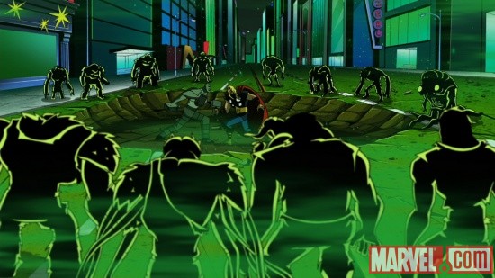 Screenshot of Thor and the Absorbing Man from The Avengers: Earth's Mightiest Heroes!