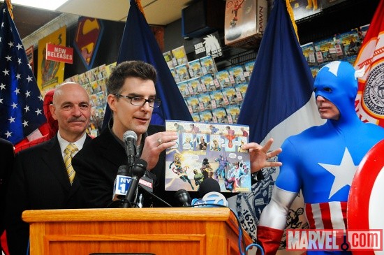 Marvel Editor Bill Rosemann with the fire safety comic book