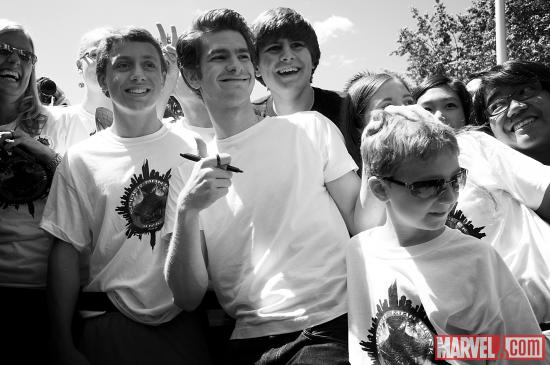 The Amazing Spider-Man Actor Andrew Garfield posing with fans