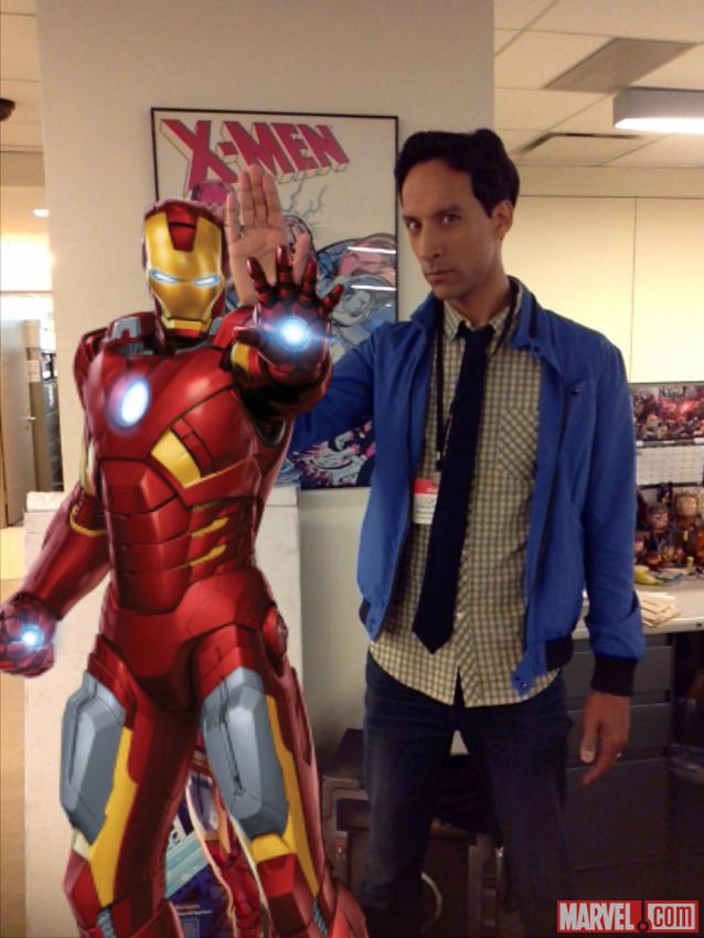 Community star Danny Pudi with Iron Man, taken with Walmart's Super Hero Augmented Reality App