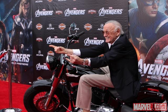 Stan Lee on a Harley-Davidson at the Avengers red carpet premiere
