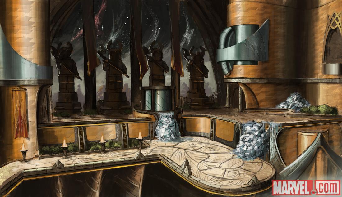Concept art of Asgard from LEGO Marvel Super Heroes