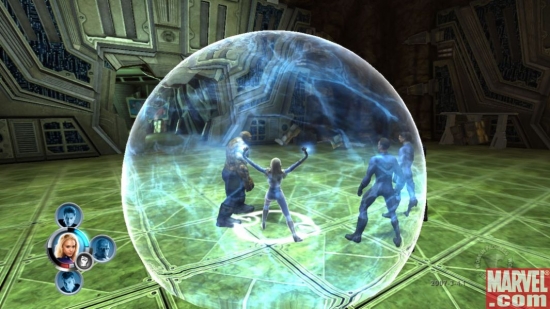 The Invisible Woman uses her shield.