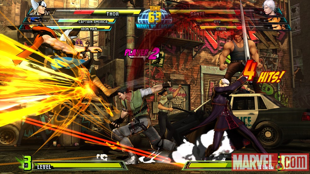 Screenshot of Thor vs. Chris and Dante from Marvel vs. Capcom 3