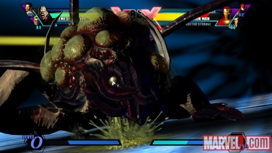Screenshot of Nemesis vs. Iron Man from Ultimate Marvel vs. Capcom 3
