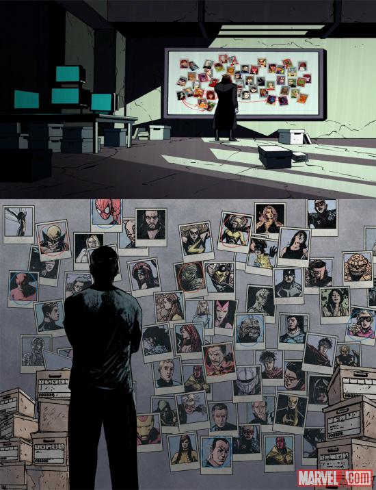 Nick Fury's wall of potential Skrulls