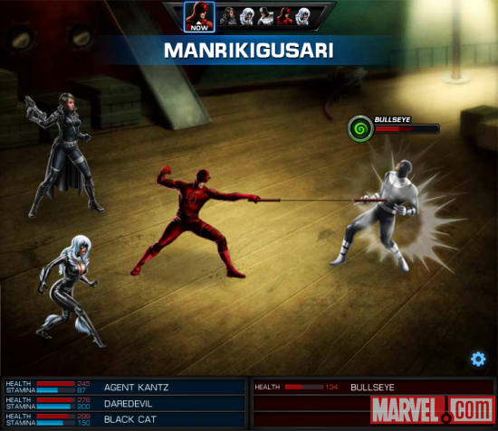 Daredevil and Black Cat vs. Bullseye screen shot from Marvel: Avengers Alliance