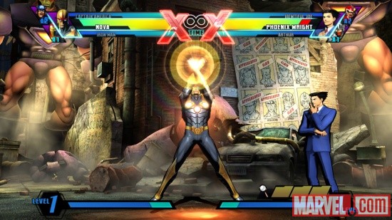 Screenshot of Nova vs. Phoenix Wright in Ultimate Marvel vs. Capcom 3