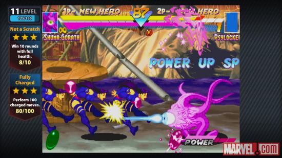 Screenshot of Shuma-Gorath vs. Psylocke in Marvel vs. Capcom Origins