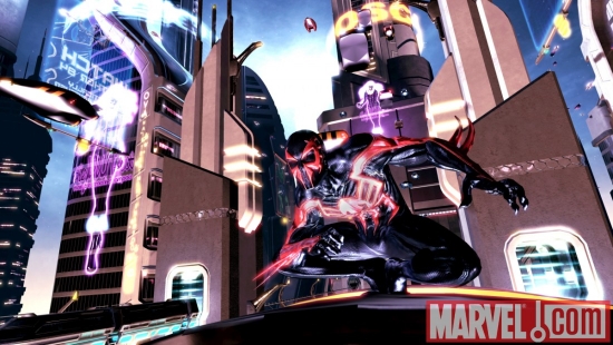 A screenshot of Spider-Man 2099 from Spider-Man: Shattered Dimensions