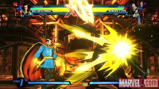 Screenshot of Doctor Strange vs. Nemesis from Ultimate Marvel vs. Capcom 3