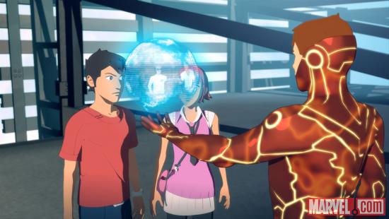Screenshot of Iron Man, Pepper Potts and Andros from IMAA Season 2, Ep. 18